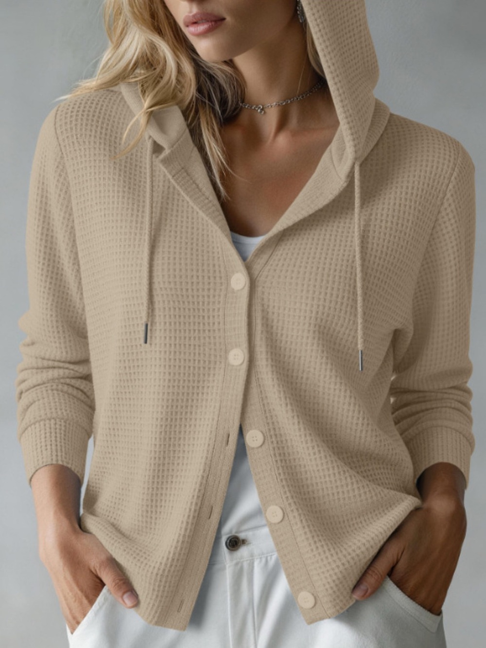 Waffle Knit Button-Down Hooded Cardigan